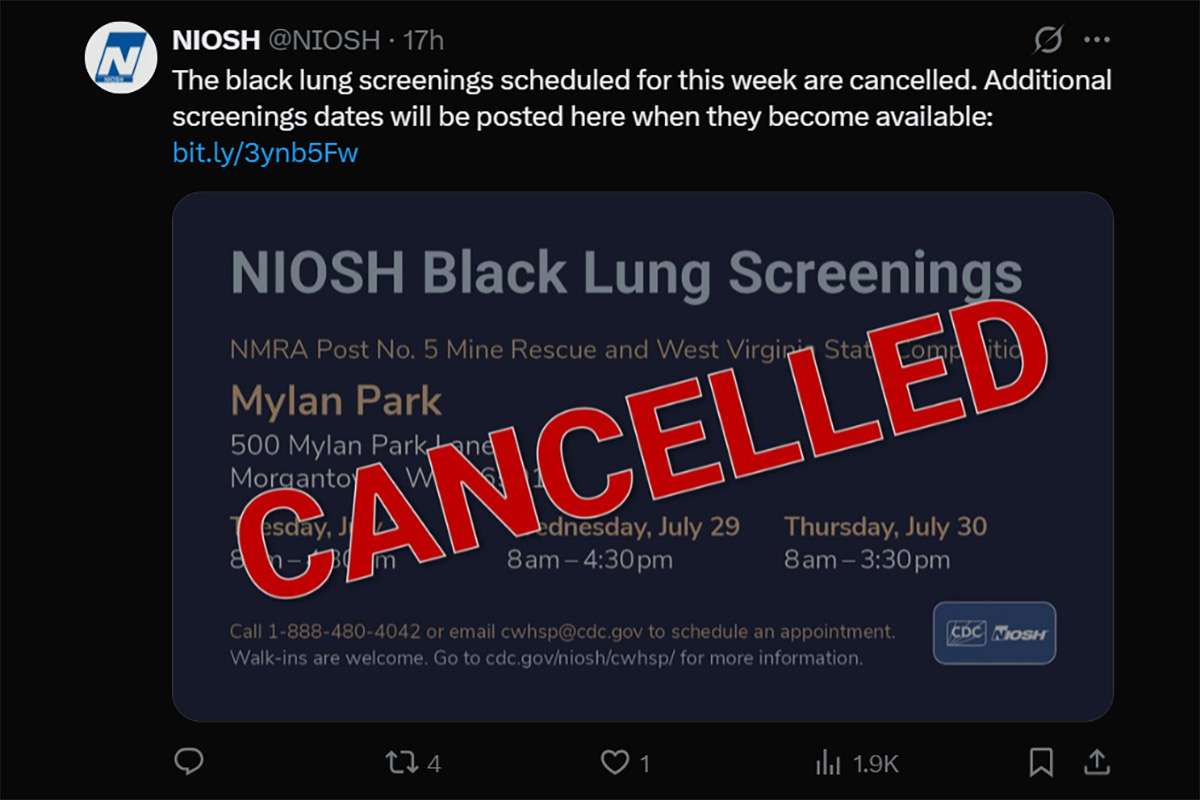 NIOSH cancels July 28-30 Black Lung screenings in Morgantown, WV