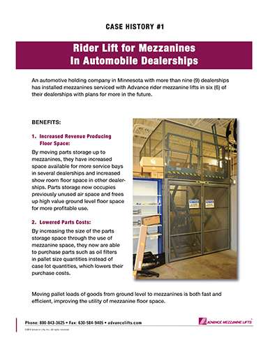 Rider Lift for Mezzanines In Automobile Dealerships